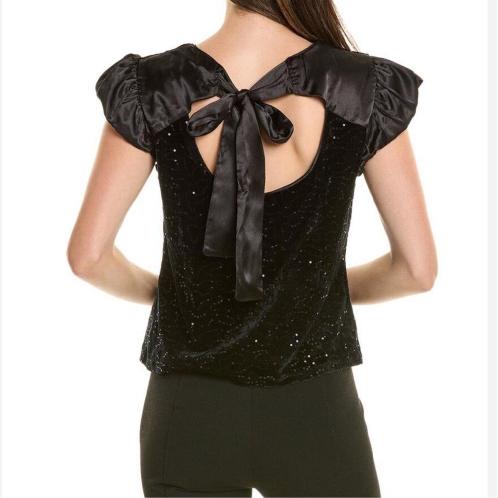 Nanette Lepore Black Short Sleeve Sequin Tie back Top Size Large